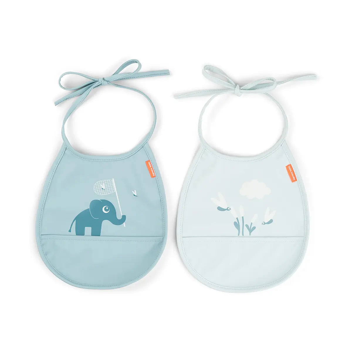 Pack 2 baberos pequeños con bolsillo - Elefante y luciérnagas azul