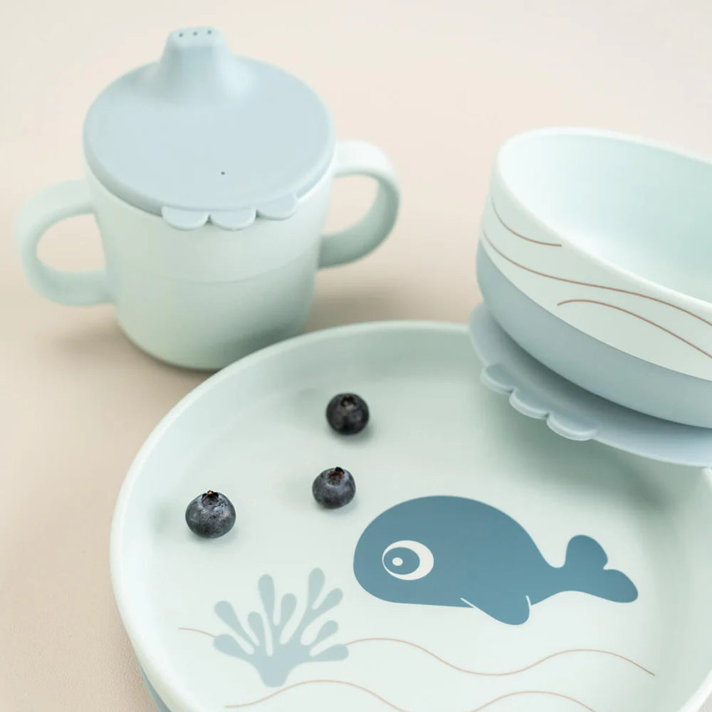 Juego 3 piezas de silicona (taza, bol y plato) - Ballena azul