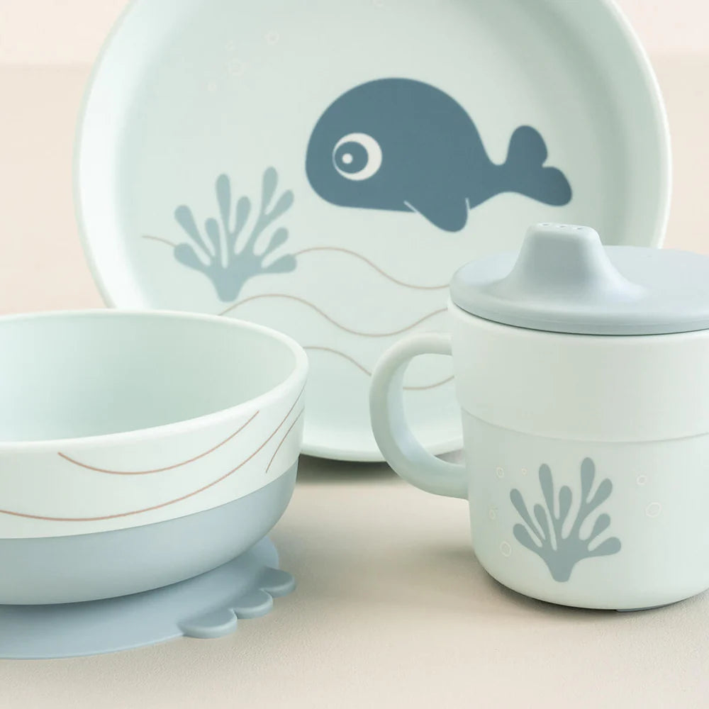 Juego 3 piezas de silicona (taza, bol y plato) - Ballena azul