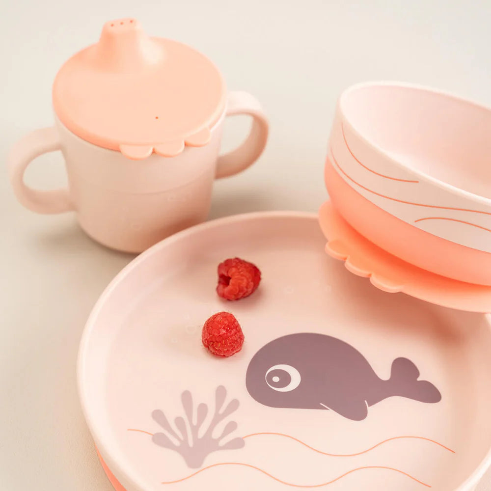 Juego 3 piezas de silicona (taza, bol y plato) - Ballena rosa