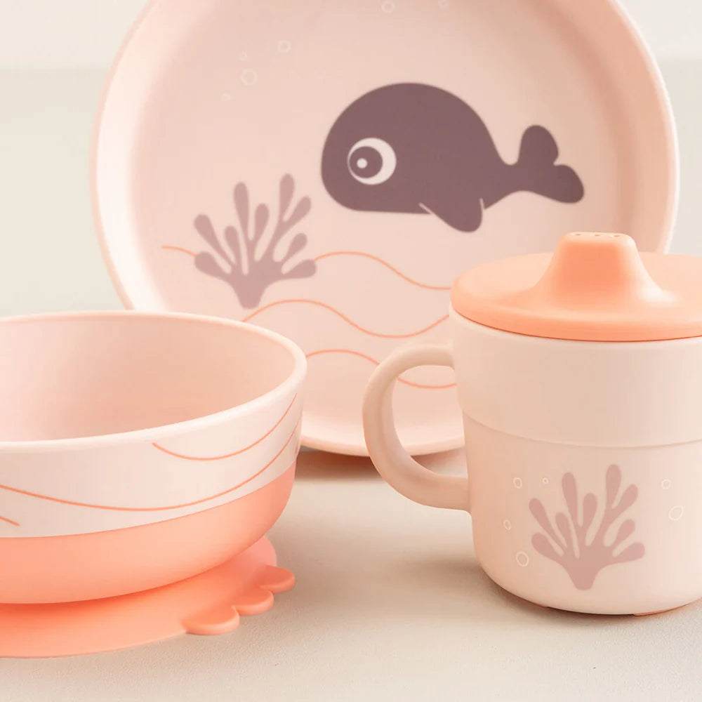 Juego 3 piezas de silicona (taza, bol y plato) - Ballena rosa