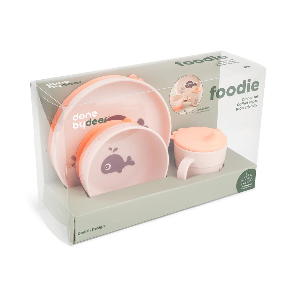 Juego 3 piezas de silicona (taza, bol y plato) - Ballena rosa