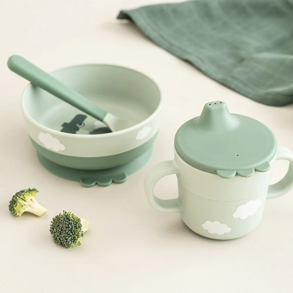 Juego 3 piezas de silicona (taza, bol y cuchara) - Cocodrilo verde
