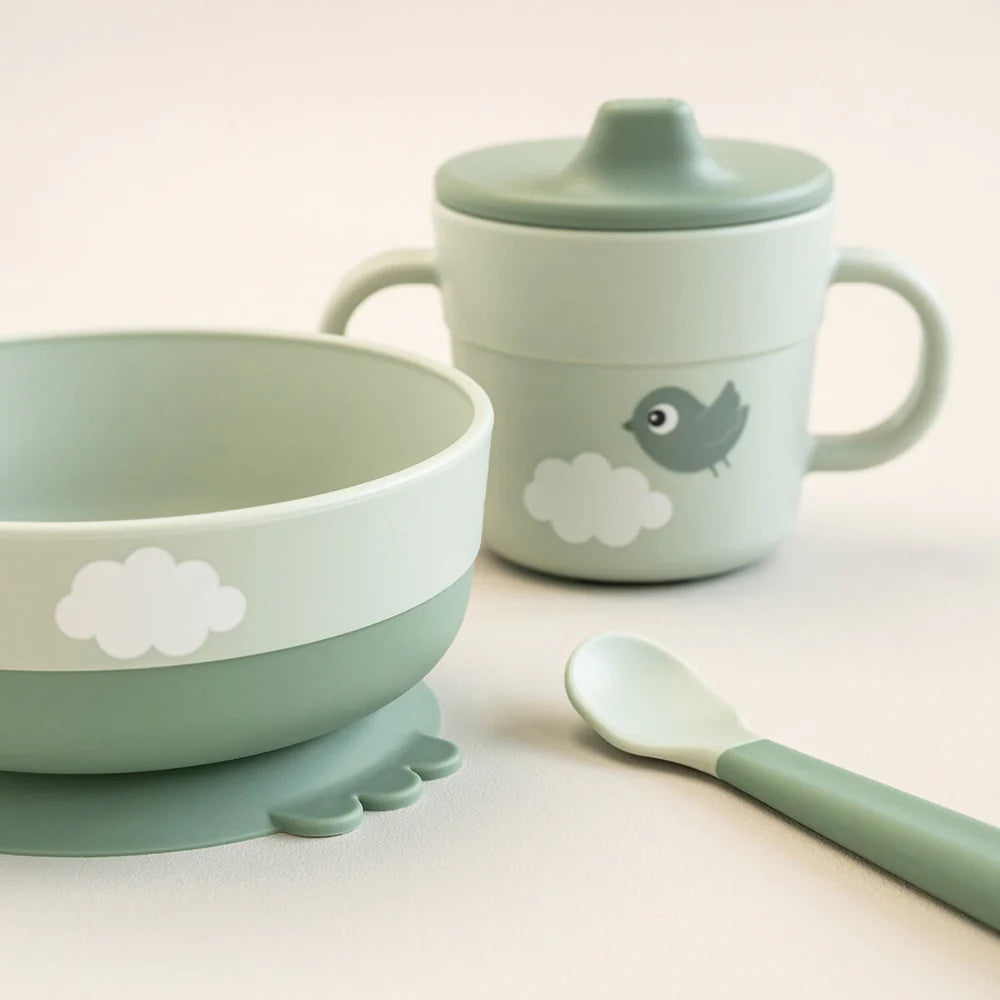 Juego 3 piezas de silicona (taza, bol y cuchara) - Cocodrilo verde