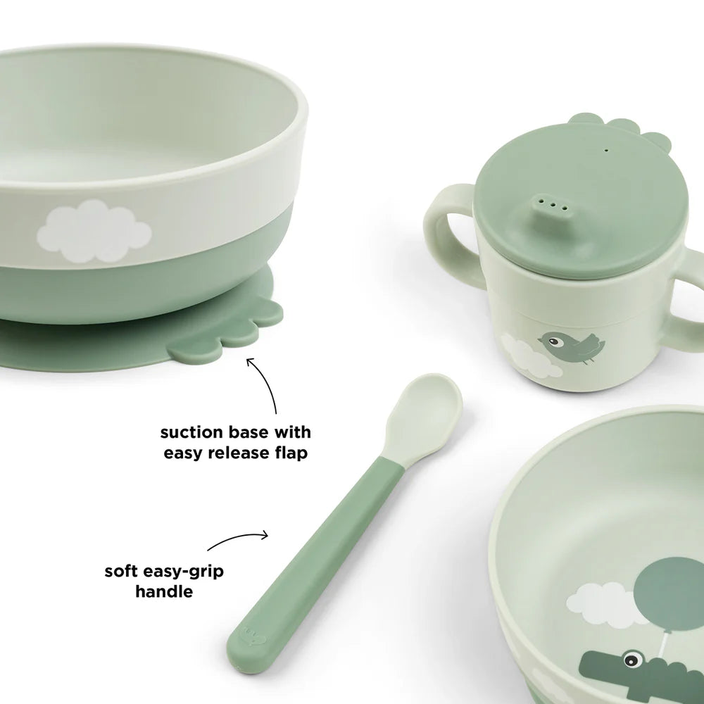 Juego 3 piezas de silicona (taza, bol y cuchara) - Cocodrilo verde