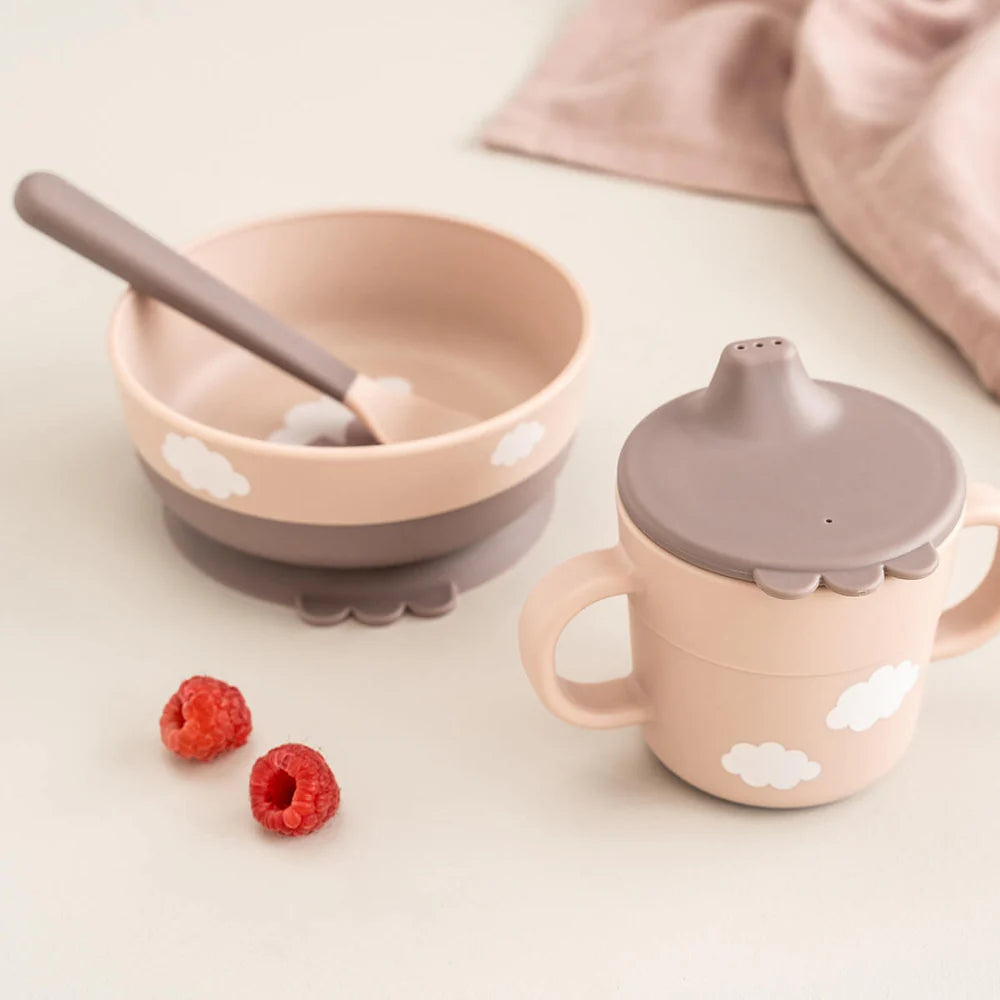 Juego 3 piezas de silicona (taza, bol y cuchara) - Hipopótamo rosa