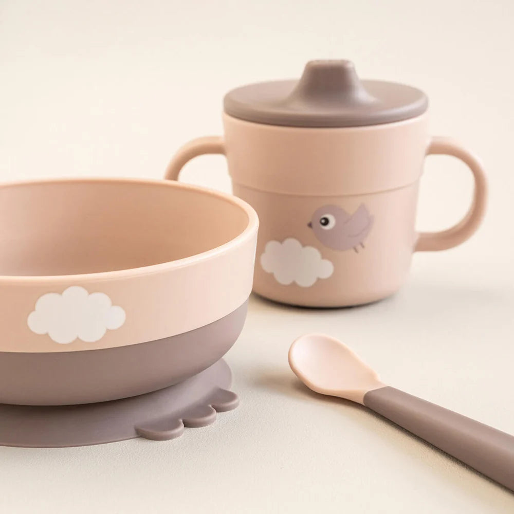 Juego 3 piezas de silicona (taza, bol y cuchara) - Hipopótamo rosa