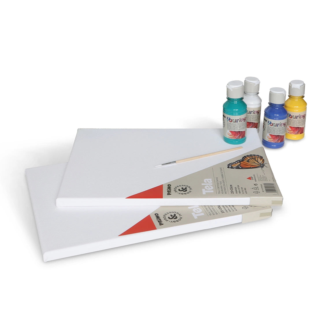 Kit de Pouring - Set de 4 colores acrílicos + 2 lienzos