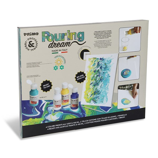 Kit de Pouring - Set de 4 colores acrílicos + 2 lienzos