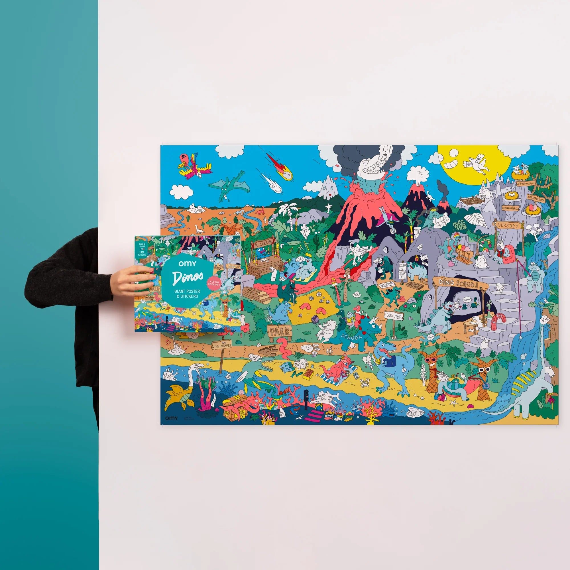 Poster XL para colorear + Pegatinas - Dinos