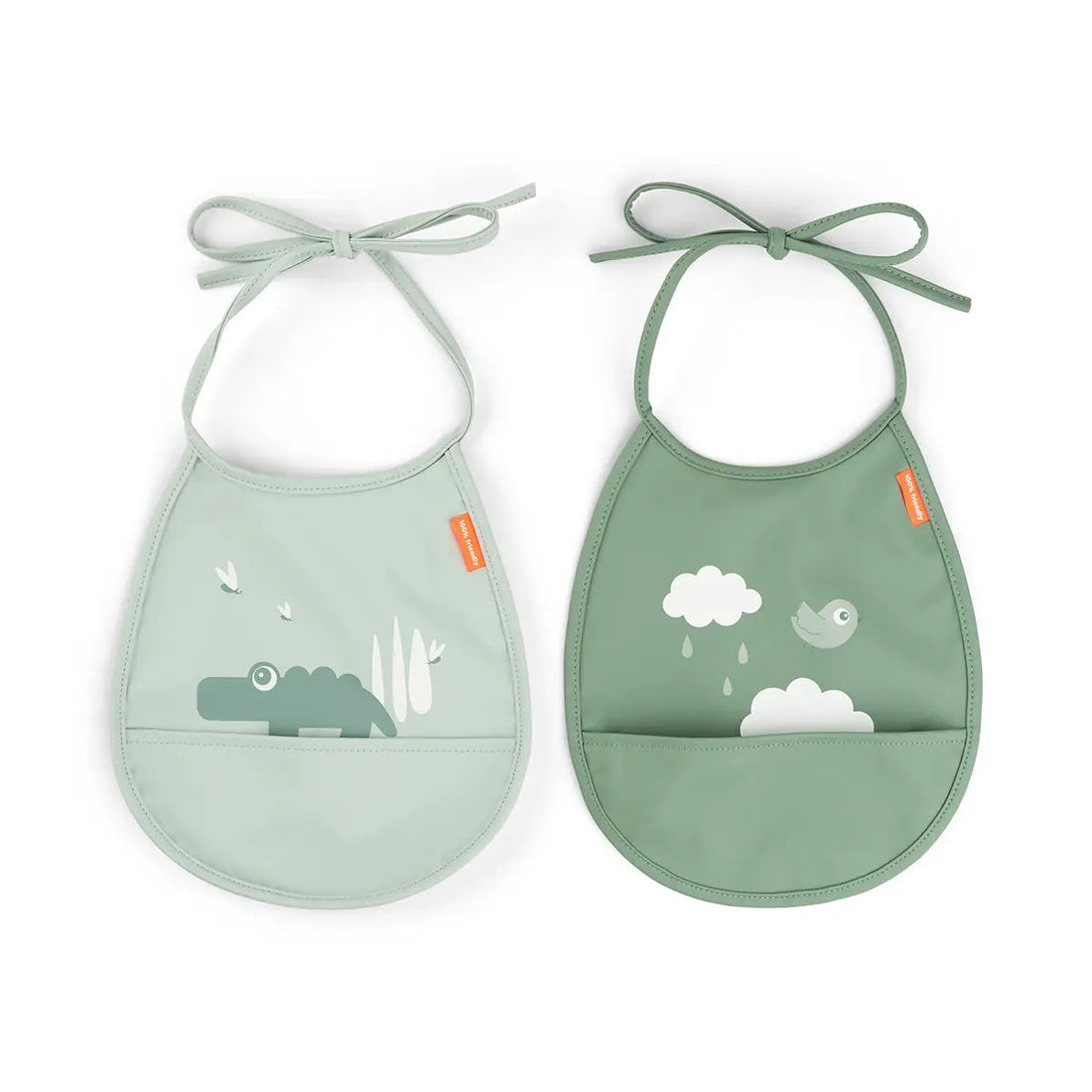 Pack 2 baberos pequeños con bolsillo - Cocodrilo y pájaro verde