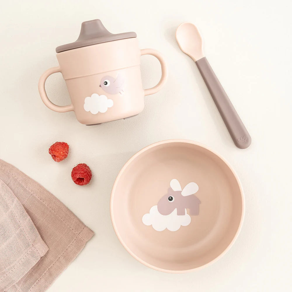 Juego 3 piezas de silicona (taza, bol y cuchara) - Hipopótamo rosa
