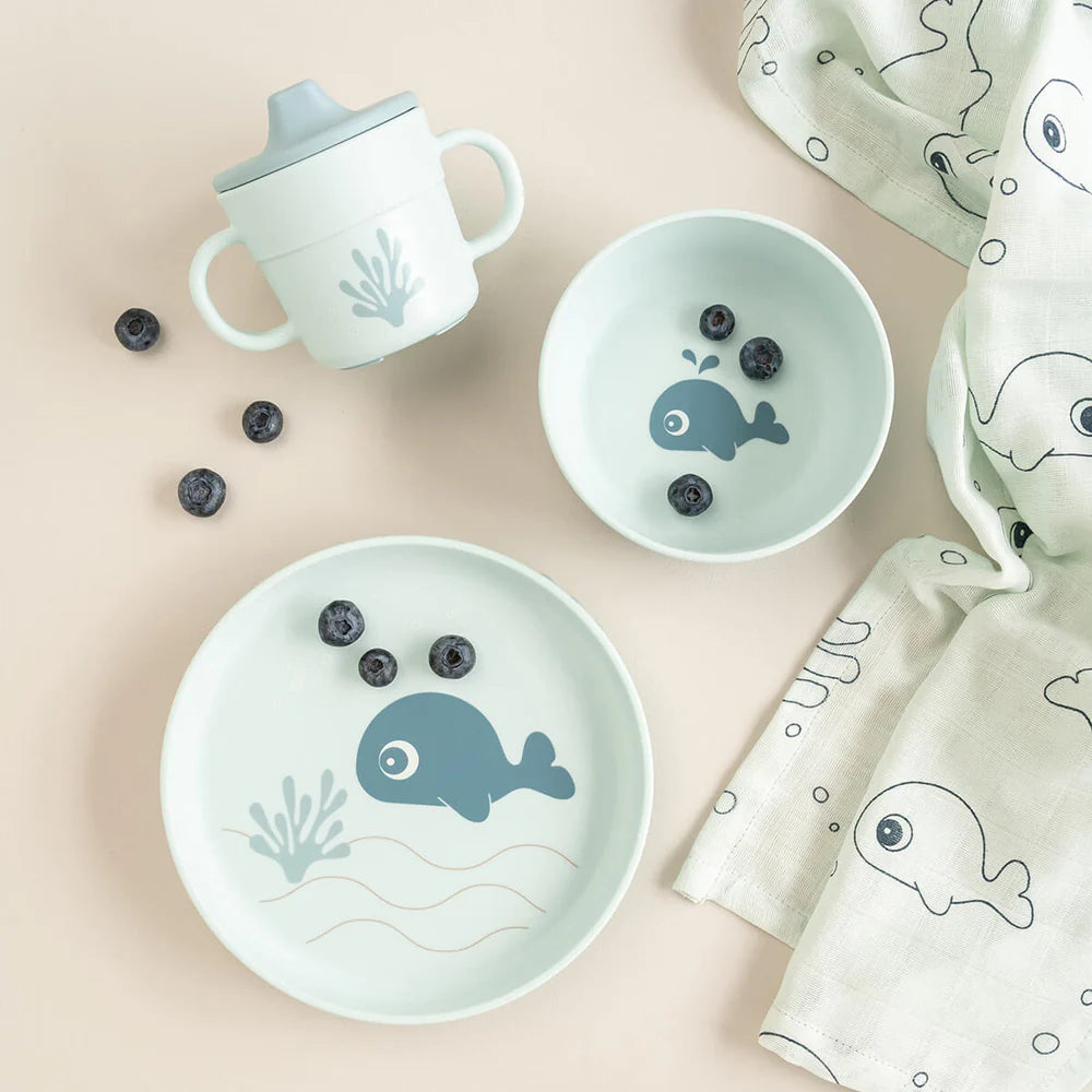 Juego 3 piezas de silicona (taza, bol y plato) - Ballena azul