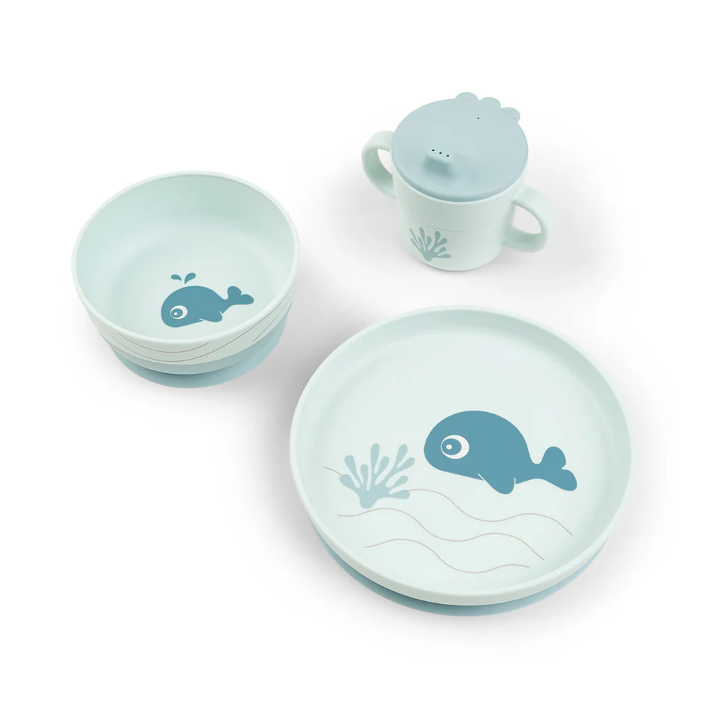 Juego 3 piezas de silicona (taza, bol y plato) - Ballena azul