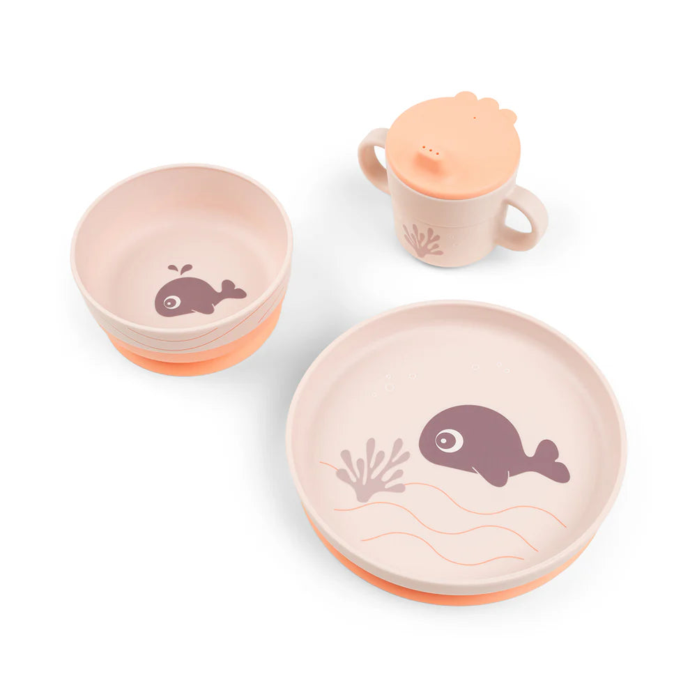 Juego 3 piezas de silicona (taza, bol y plato) - Ballena rosa