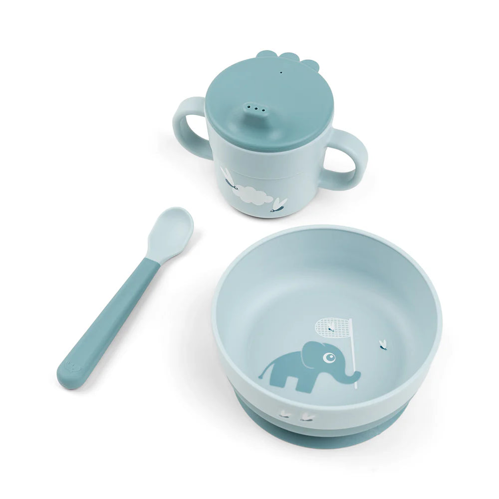 Juego 3 piezas de silicona (taza, bol y cuchara) - Elefante azul