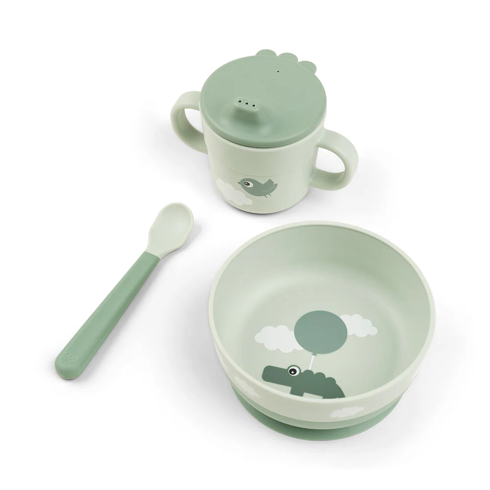 Juego 3 piezas de silicona (taza, bol y cuchara) - Cocodrilo verde