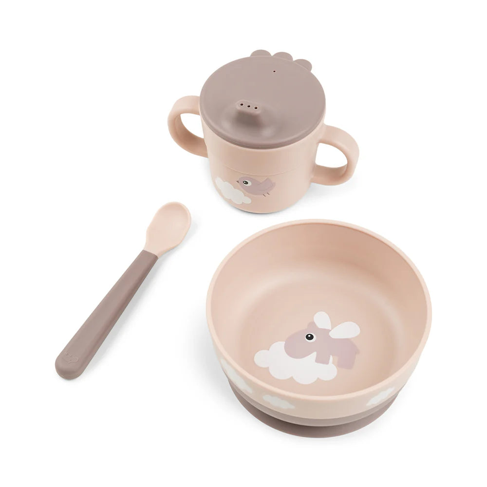 Juego 3 piezas de silicona (taza, bol y cuchara) - Hipopótamo rosa