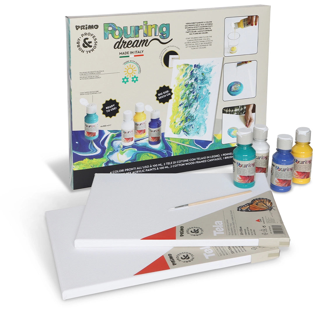 Kit de Pouring - Set de 4 colores acrílicos + 2 lienzos