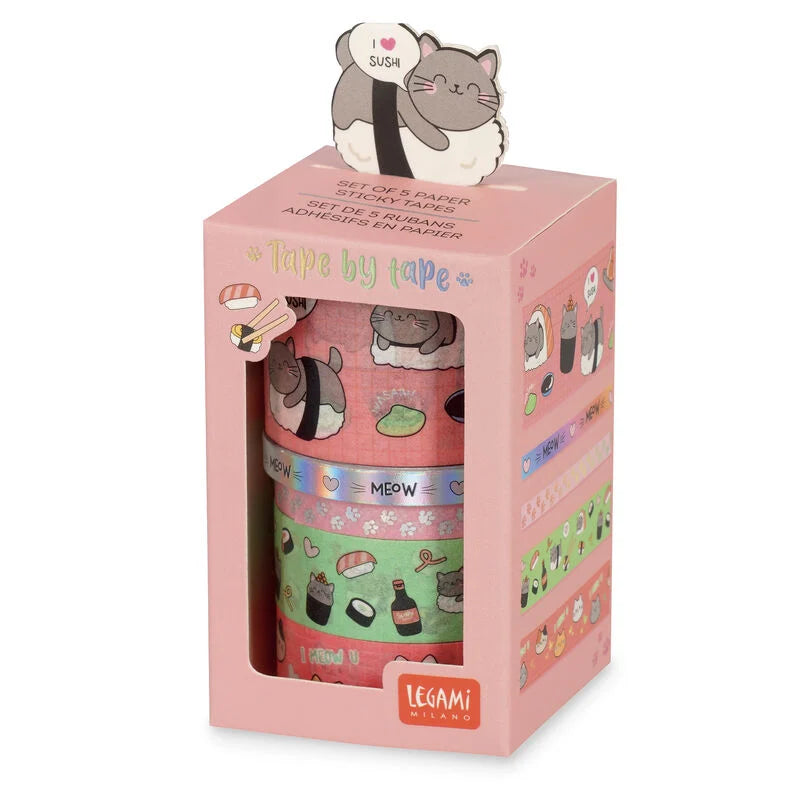 Cinta Washi tape - Gatos y Sushi (set de 5 cintas)