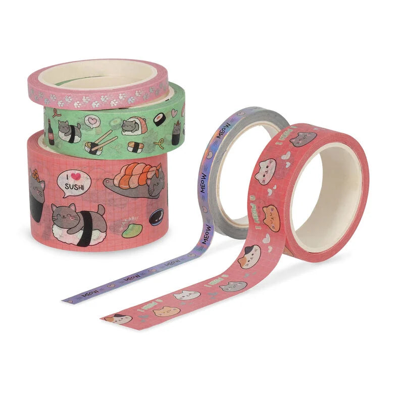 Cinta Washi tape - Gatos y Sushi (set de 5 cintas)