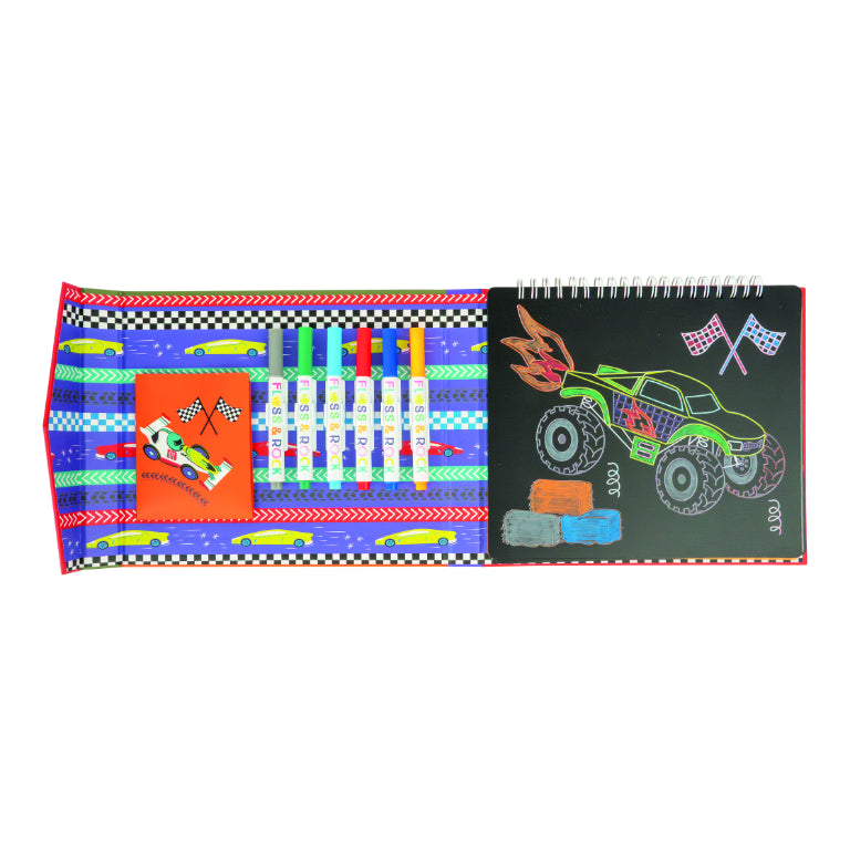 Cuaderno pizarra y rotuladores de tiza - Coches