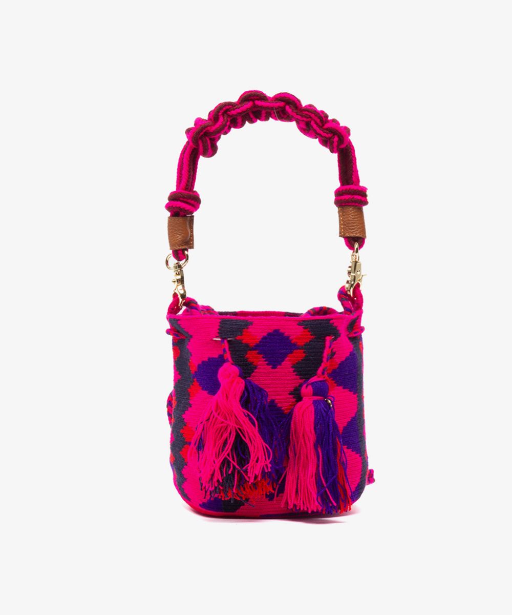 Bolso Cruzado - M con asa de macramé - Batista - Morado y Fucsia